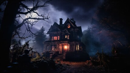 Creepy halloween night scene with a haunted house and moonlight - obrazy, fototapety, plakaty