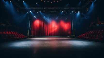 Empty stage with spotlights and red curtains