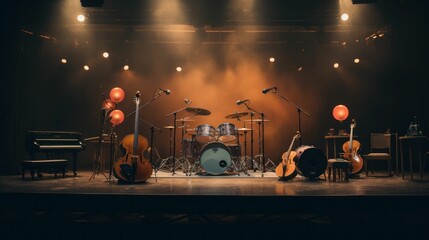 Empty rock concert stage with instruments and smoke