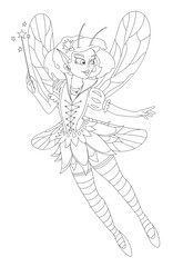 Cute little fairy girl with wings and a magic wand, outlined illustration on a white background, coloring page for children, cartoon vector illustration