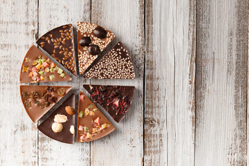 Chocolate pizza on ? wooden background top view copy space