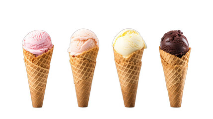 Four cones of ice cream isolated on white transparent background