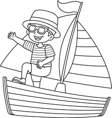 Boy on the Boat Summer Isolated Coloring Page