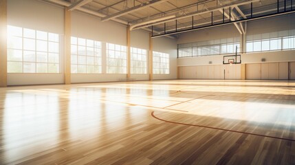 Light empty school basketball court with panoramic window - obrazy, fototapety, plakaty