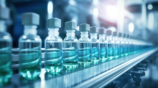 Medical vials bottles at the production line at a pharmaceutical factory. Pharmaceutical industry background.