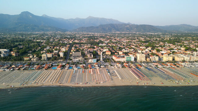 Panoramic aerial view of Lido di Camaiore and Viareggio shoreline in summer season