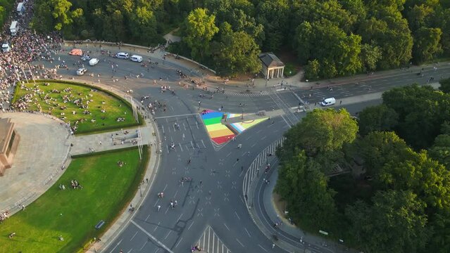 Fantastic aerial top view flight CSD Pride Parade 2023 Berlin Crowd Gay Party