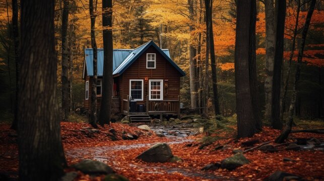 Old wooden cabin in the autumn forrest