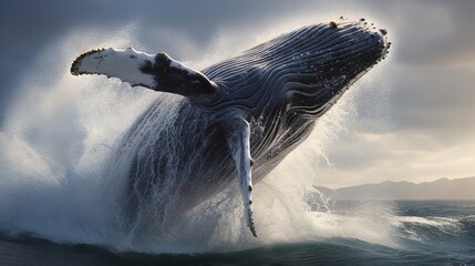  a humpback whale jumping out of the ocean water.  generative ai