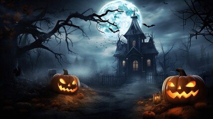 Fototapeta na wymiar Halloween background with pumpkins and haunted house and moon
