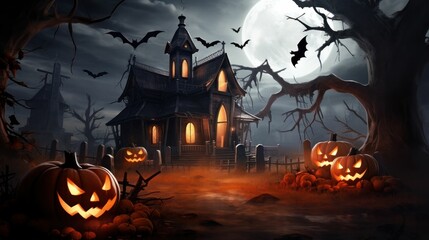 Fototapeta na wymiar Scary halloween background with pumpkins, bats, and haunted house
