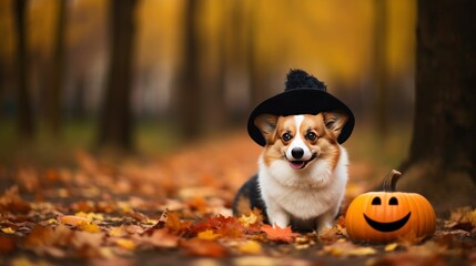 Cute korgi dog in a halloween hat with jack o lantern pumpkins sitting in an autumn park