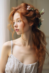 Radiant Redhead. Gorgeous Woman with Long Red Hair Flaunting a Beautiful Up Bun Hairstyle. AI Generative