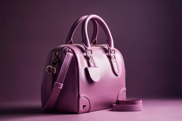 Beautiful trendy smooth women's handbag briefcase in pink color on a violet studio background.