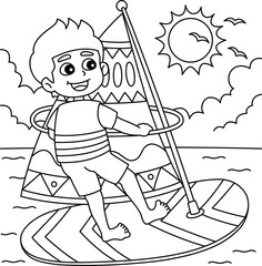 Boy Windsurfing Summer Coloring Page for Kids