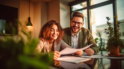 Real estate agent or realtor signing mortgage agreement for new home with couple of happy young clients. Generative AI