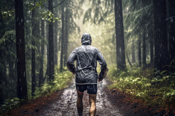 Man runner in sports jacket run forest trail in the rain, back view