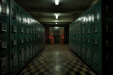 Dark school hallway with dirty lockers