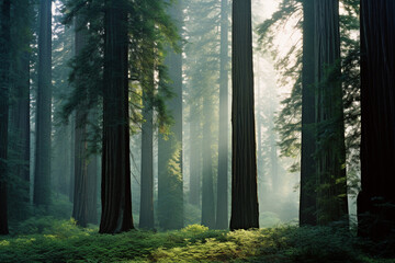 Obraz premium sun rays through the forest AI generated