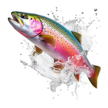 Rainbow trout jumping up and splashing on white background
