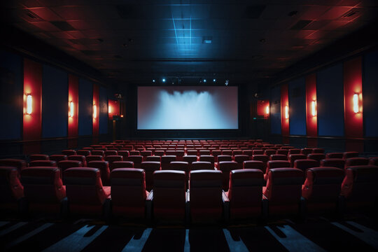 Empty modern movie theatre interior with screen and seats