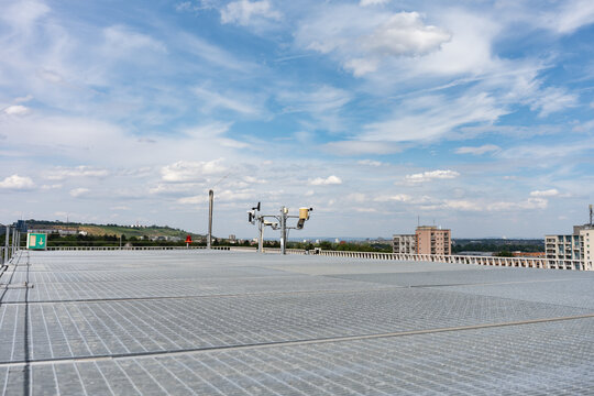 Weather equipment and alarm system on the building. Meteorological equipment is installed on the roof of the building. Alarm sensors and additional equipment.