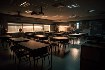 Fototapeta na wymiar Professionally organized classroom with rows of desks and chairs, lit up by cinematic lights, creating a visually stunning and inviting environment for students