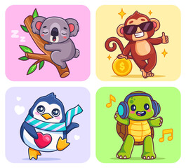 Cute characters animals set. Colorful illustrations of monkey in sunglasses and sleeping koala, penguin with heart and turtle in headphones. Cartoon flat vector collection isolated on white background