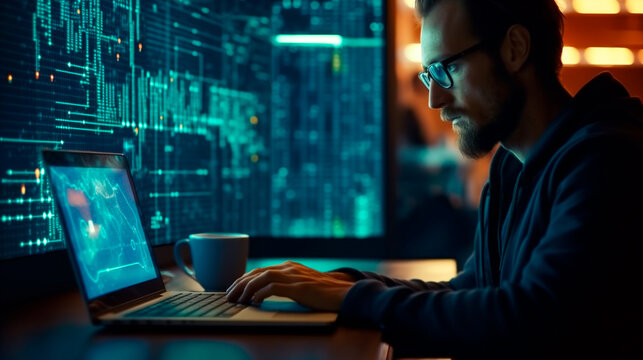 software development concept. Coding programmer, software engineer working on laptop with javascript computer code on virtual scree. Generative AI