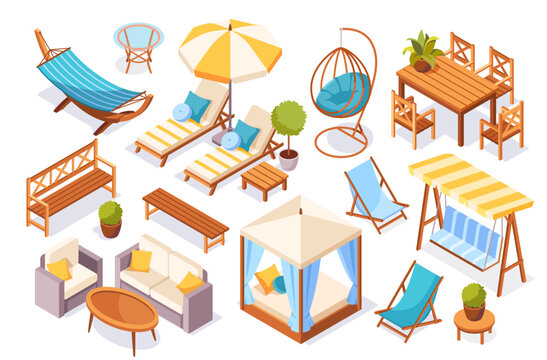 Furniture for backyard and garden set. Realistic isometric hammock and sunbed, beach umbrella and bench, armchair and sofa. Leisure and bbq concept. 3d vector collection isolated on white background