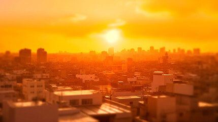 Summer sun blur golden hour hot sky at sunset with city rooftop view in the background fuzzy urban warm bright heat wave lights skyline heatwave bokeh for evening part. Generative AI