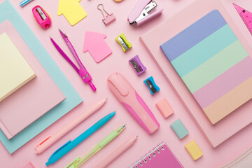 Flat lay with colorful school stationery on color backgroung, top view
