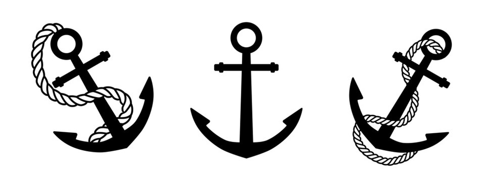 Ship anchor with rope icon set