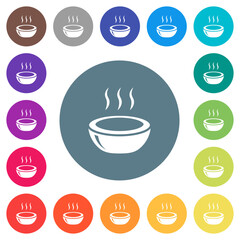 Glossy steaming bowl flat white icons on round color backgrounds