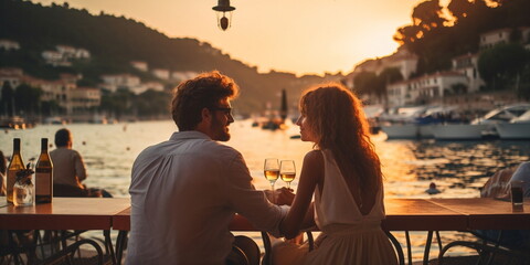romantic couple relaxing on promenade and watching beautiful  sunset  and make photo on mediterranean sea port with boat summer vacation and travel 