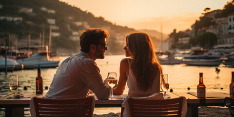 romantic couple relaxing on promenade and watching beautiful  sunset  and make photo on mediterranean sea port with boat summer vacation and travel 