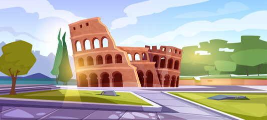 Ancient historic coliseum scenery. Poster with horizontal landscape and popular architectural landmark of Rome. Summer Italian park with colosseum and trees. Cartoon flat vector illustration