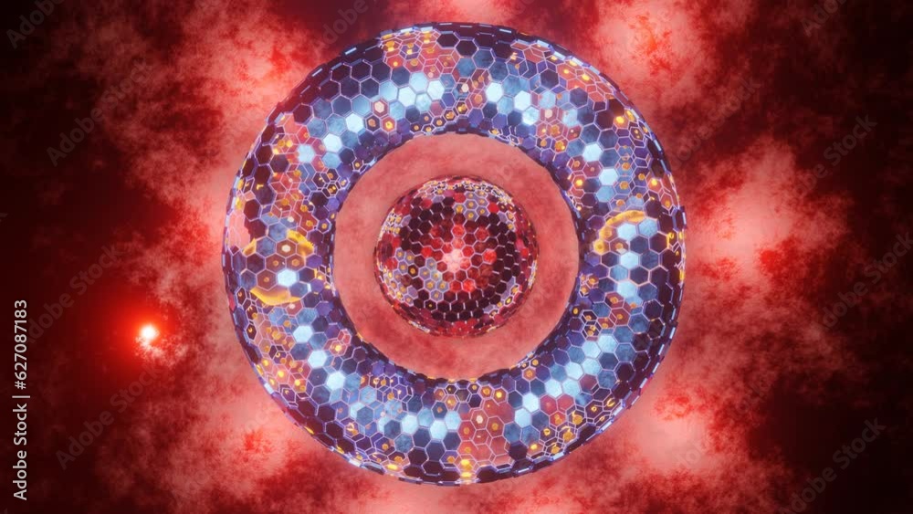 Poster loop 3d animation. abstract composition of a torus and a sphere. objects consist of hexagons, segmen