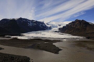 View of the Svínafellsjökull which is an Icelandic glacier constituting a glacial tongue of the Vatnajökull , located in the south of Iceland