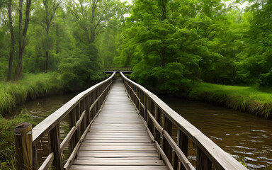 Realistic 3d environment of illustration wooden bridge in the nature for background