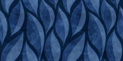 Watercolor leafs seamless pattern. Vector leave tie dye print. Blue transparent brush stain texture.