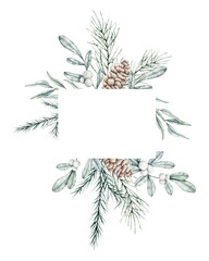 Frame with pine branch and cones. Watercolor twig of conifers evergreen tree. Hand drawn botanical illustration isolated image on background for Christmas greetings, cards, wallpapers, invitation.