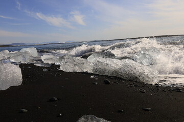 View of the diamond beach which lies south of the Vatnajökull glacier between the Vatnajökull National Park and the town of Höfn.