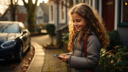 Cute little girl with long curly hair using smartphone in the street against car.