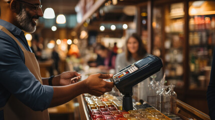 Customer paying with credit card at counter in coffee shop. Focus on indian cashier.