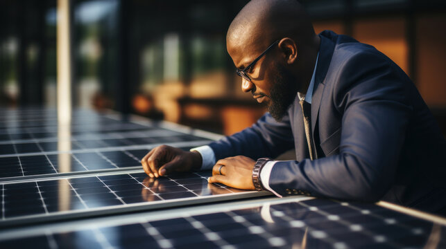 Handsome african american businessman checking production of solar panel.