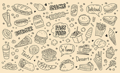 Fast food set. Monochrome sketch with street food and drinks, sweets and bakery, sandwich and pizza, Chinese noodles and sausages. Doodle print for cafe menu design. Cartoon flat vector collection - obrazy, fototapety, plakaty