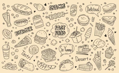 Foto op Plexiglas Fast food set. Monochrome sketch with street food and drinks, sweets and bakery, sandwich and pizza, Chinese noodles and sausages. Doodle print for cafe menu design. Cartoon flat vector collection © Rudzhan