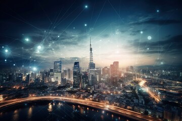 Fototapeta premium Modern cityscape showcasing telecommunication, IoT, and ICT concepts.