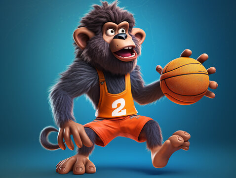 A Cute 3D Baboon Playing Basketball on a Solid Color Background | Generative AI